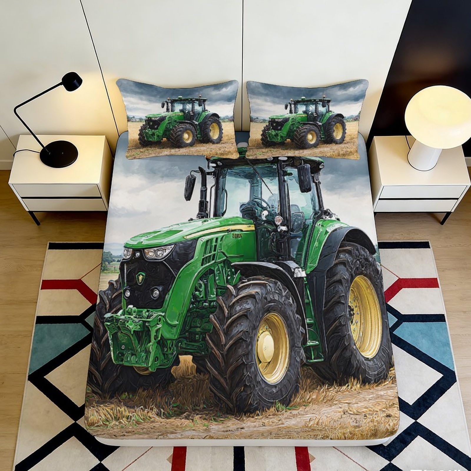 3D Printed green tractor Fitted Sheet Microfiber soft touch wrinkle resistant, machine washable, guest room bedding, anti-slip bed cover, bedroom decor, dustproof, suitable for home use, 180x200x25cm