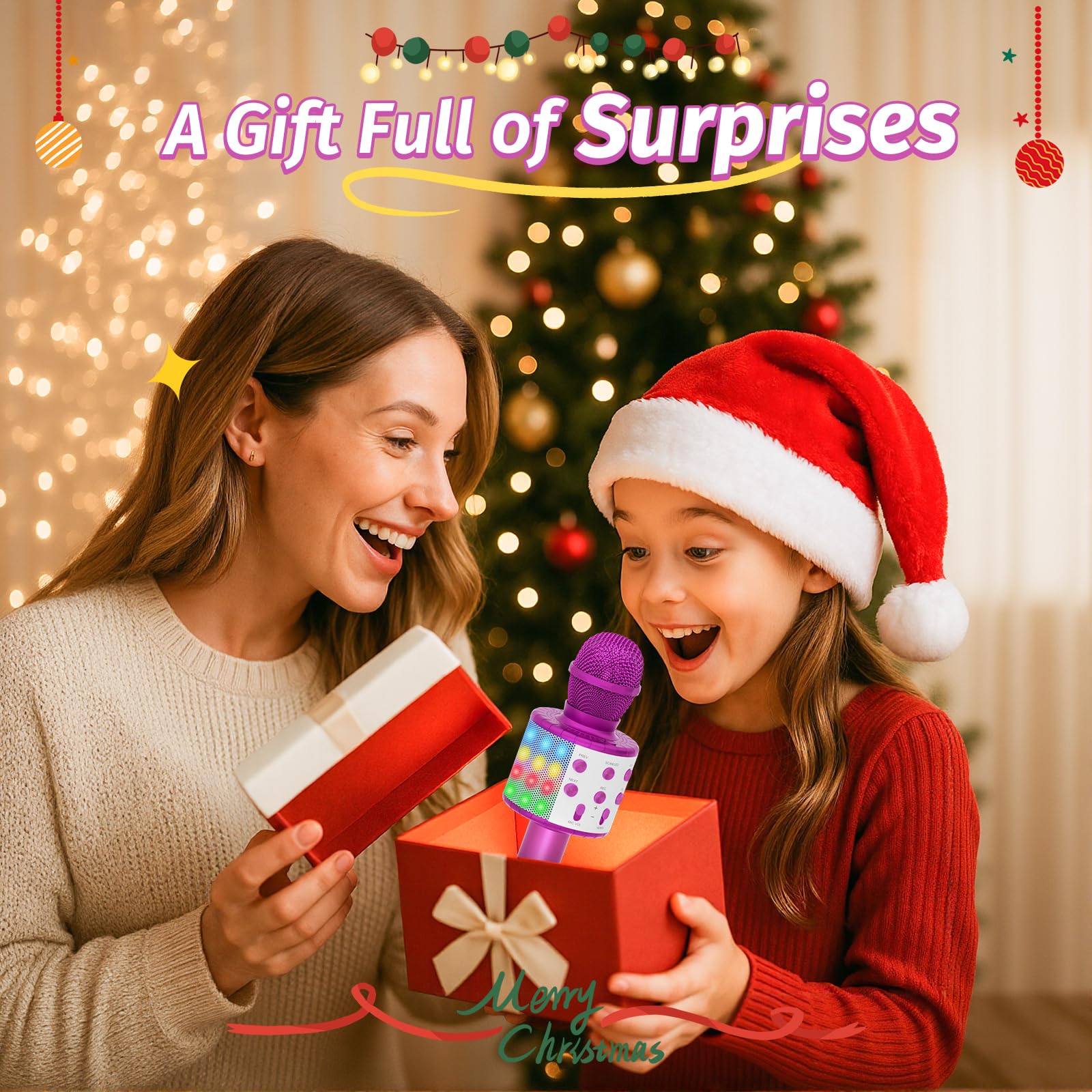 Fede Microphone Karaoké sans Fil Bluetooth avec Lumière LED Multi Couleur, Micro à Main Portable Haut-Parleur pour Enfants/Adultes Chanter, Compatible avec Android/iOS/PC/Smartphone