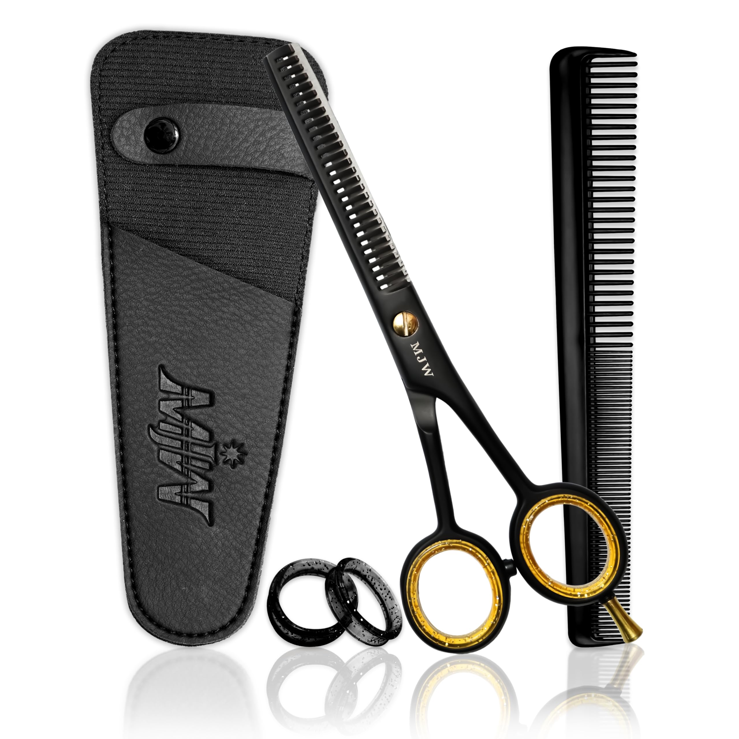 Mjw Men's Black Hair Thinning Hair Thinning Scissors - Stainless Steel Hair Cutting Teeth Shears, Professional Barber Hairdressing Blending Shears, Ideal Texturizing And Layering Scissors For And Wo