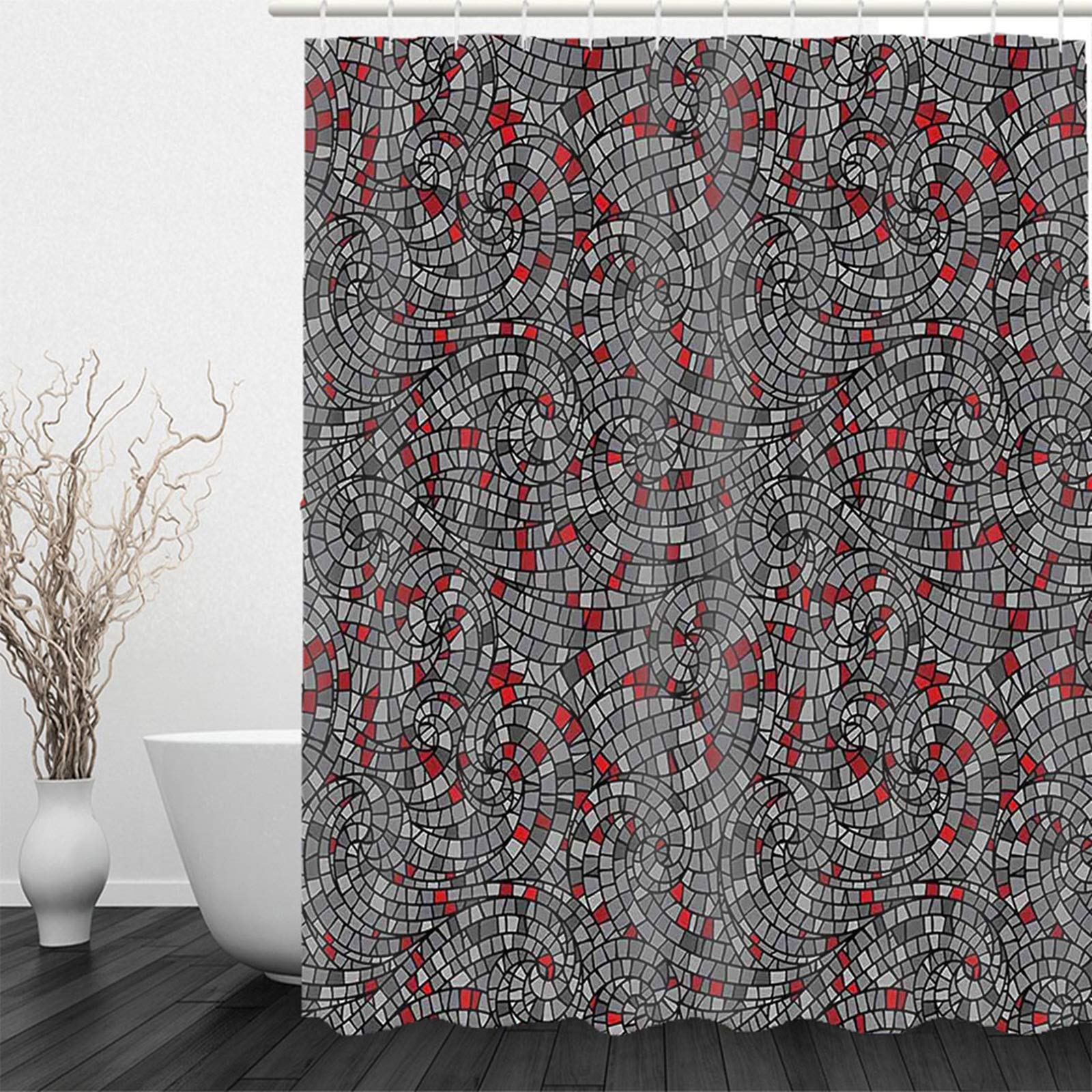 Cortina de ducha roja de tela, cortina de ducha de baño para mujer, poliéster gris ondulado, cuadrado pequeño, 150 x 200 cm, decoración moderna