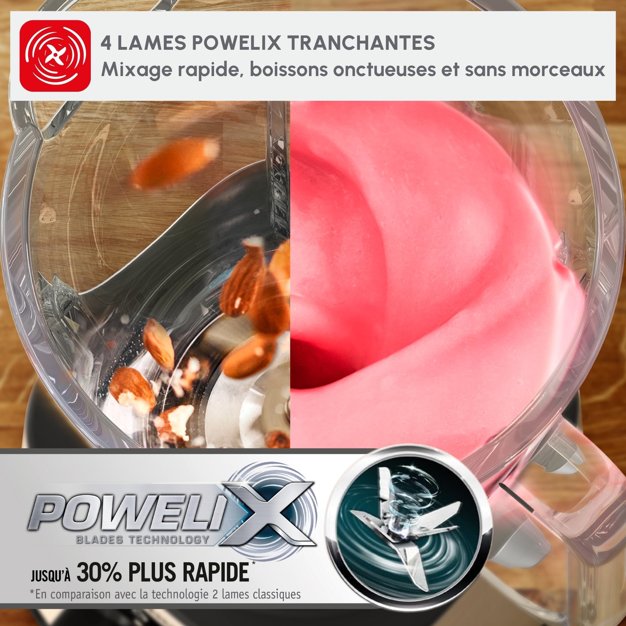 Moulinex Blender, Mini mixeur compact, 400 W, Technologie Powelix, Lames amovibles, 2 vitesses, Contrôle de la texture, Verseuse en verre, Bouteille à emporter en Tritan, Pulseo, Métal LM17GD10