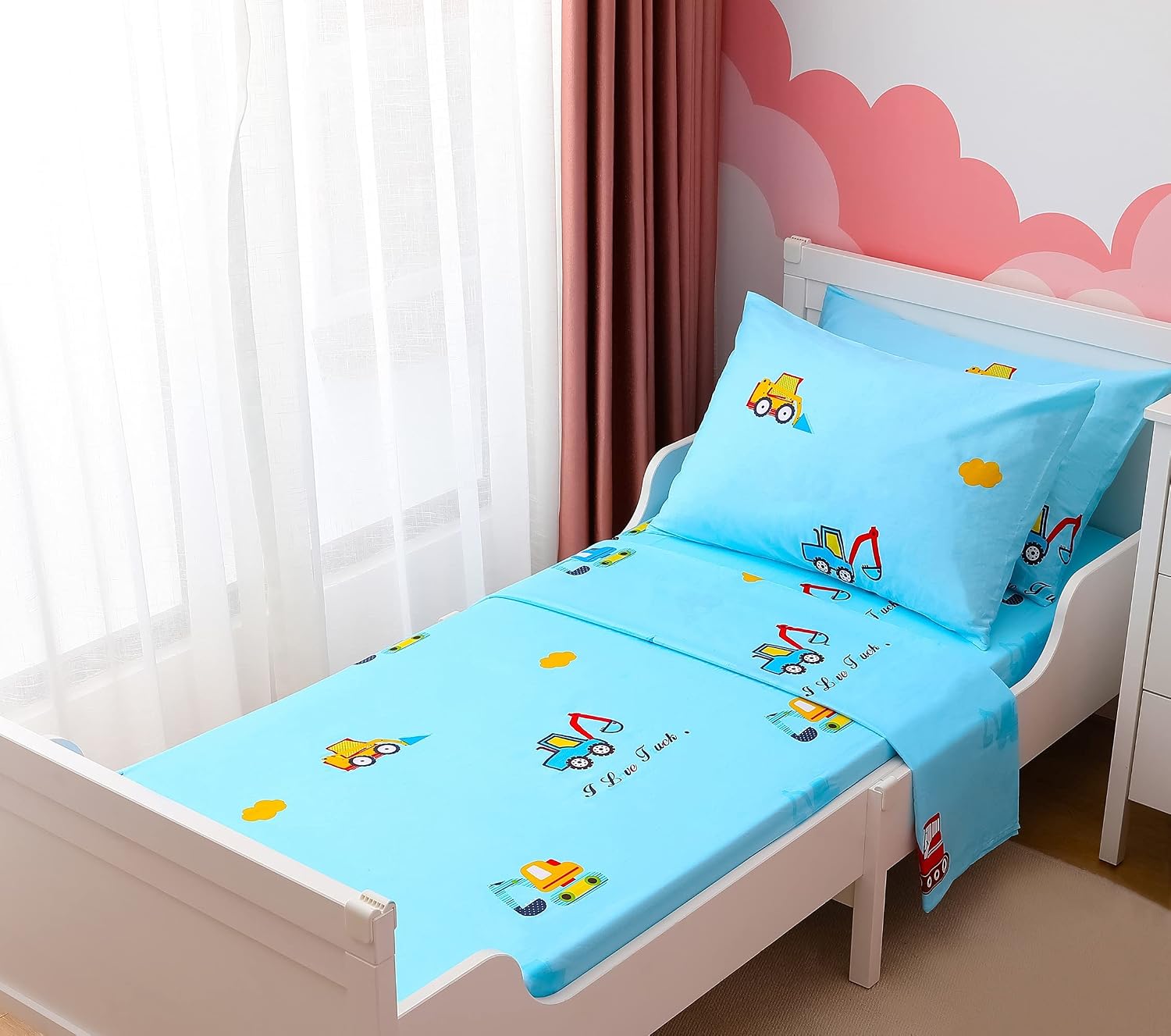Joyching Kids Printed Sheet Set Twin Bed 600TC Egyptian Cotton 4pcs Blue Excavator Sheet Set 1 Fitted Sheet, 1 Flat Sheet and 2 Pillowcases
