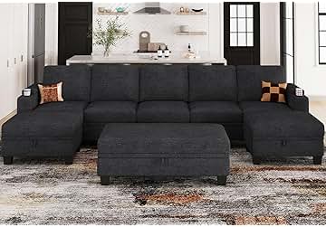 Belffin Oversized U Shaped Sectional Sofa Set for Living Room. Modular Couch with Storage. Convertible Sectional Sofa. Sofa with Cup Holder. Dark Grey Couch.