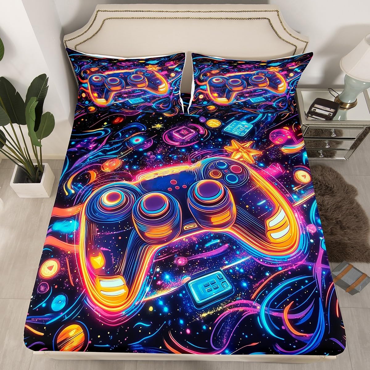 jejeloiu Gamer Boys Bed Sheets Set Twin Size, Kids Colorful Gaming Fitted Sheet for Girls Teens, Purple Hexagonal Bedding Set Breathable Soft Lightweight Microfiber Game Room Decor 2Pcs
