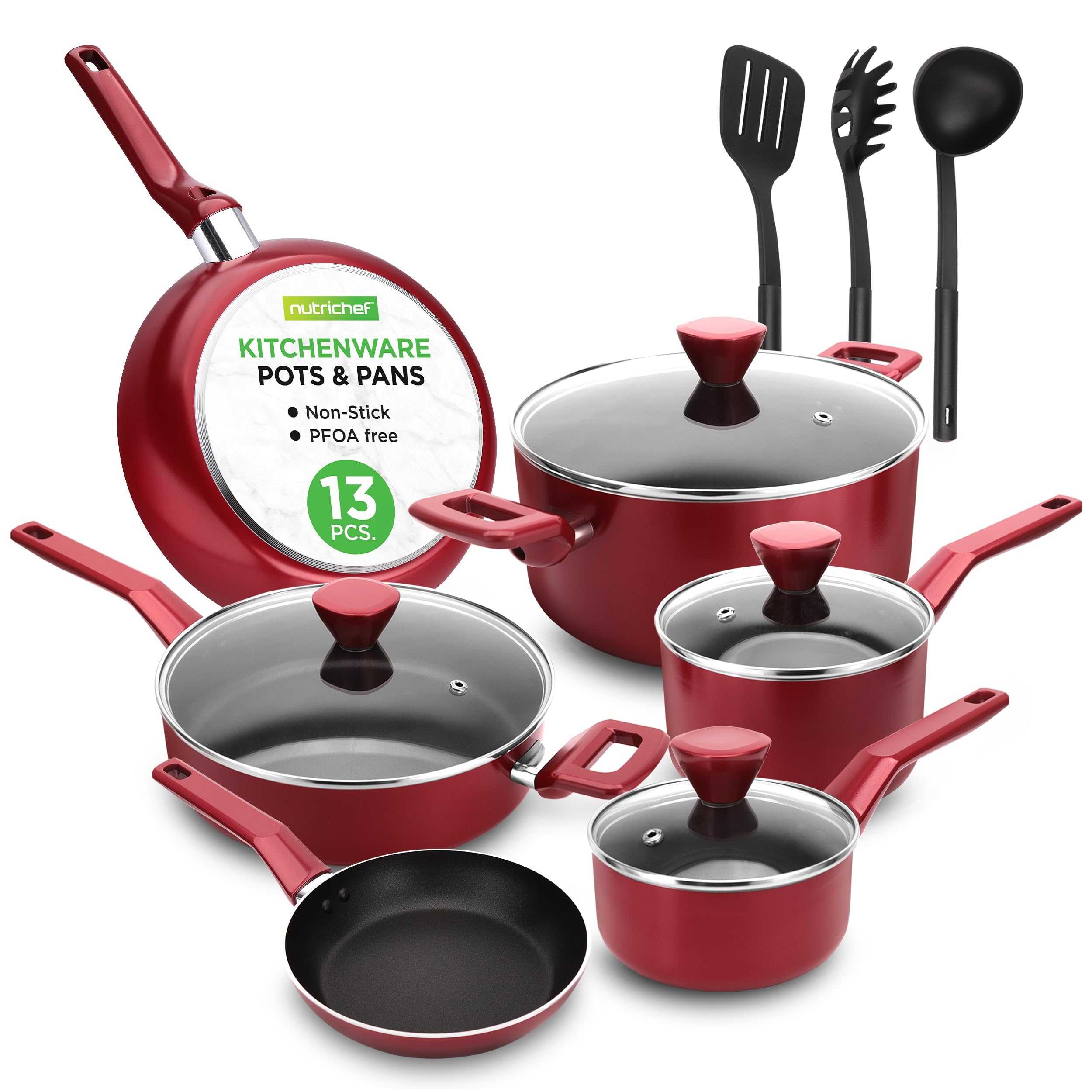 NutrichefNCCWA13RD Kitchenware Pots & Pans-Stylish Kitchen Cookware, Non-Stick (13-Piece Set), Aluminum, Red