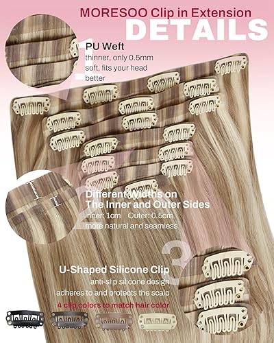 Miniatura 4 de Moresoo - Extensiones de cabello humano Remy lacio sin costuras con pinzas y trama, de poliuretano, cabeza completa, color castaño claro con