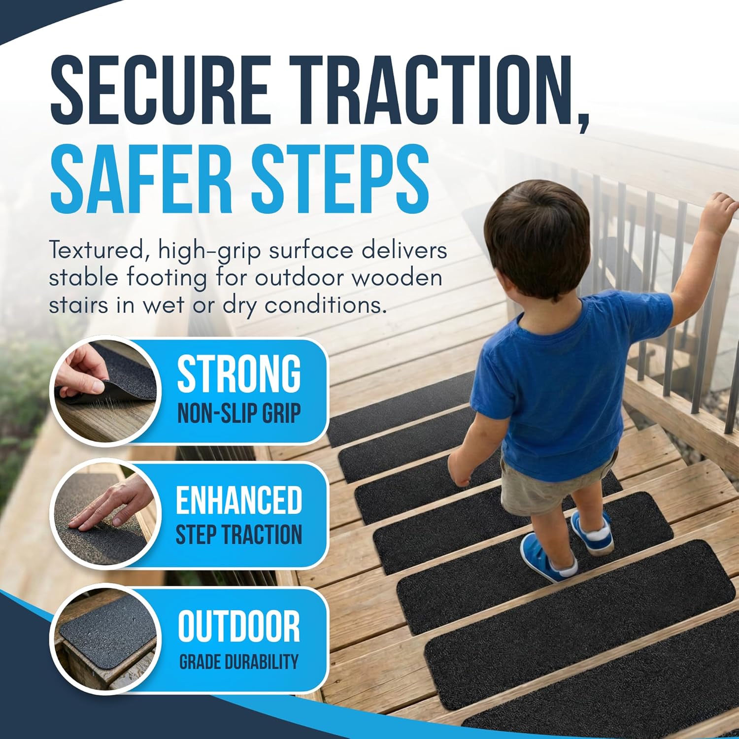Outdoor Stair Treads Non Slip (20 Pack) - Black 30” x 6” Anti Skid Grip Tape, Heavy-Duty Waterproof Weather-Resistant Adhesive Strips for Exterior Steps
