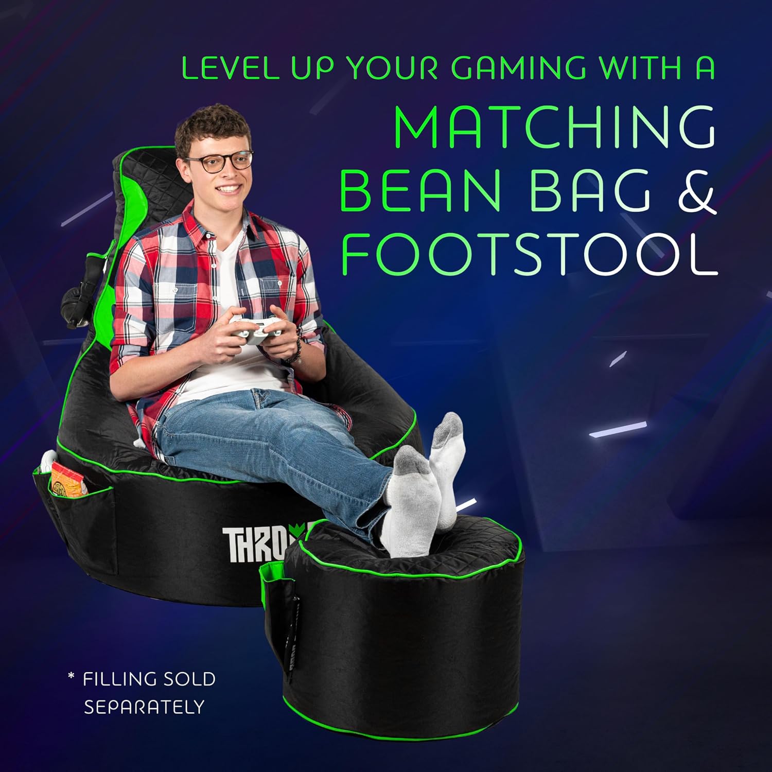 Gaming Bean Bag Chair & Footstool Cover Set for Adults, High Back, Green