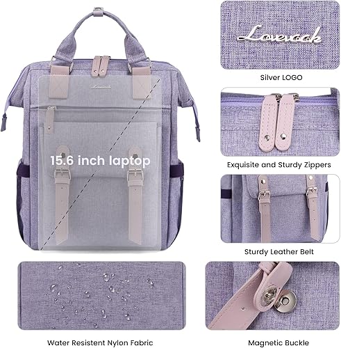 Miniatura 5 de LOVEVOOK Mochila para computadora portátil para mujer, mochila para profesores, enfermeras, trabajo, viajes, mochila para computadora, Púrpura-