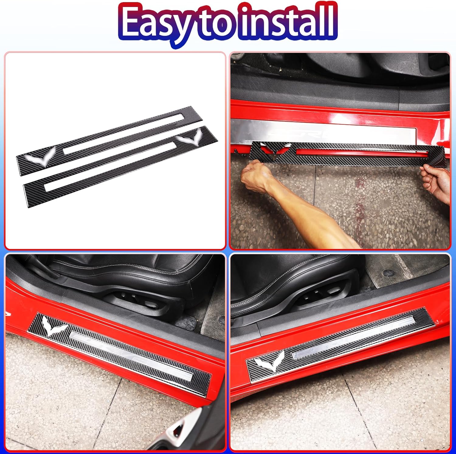 Car Door Sill Protector Cover,Carbon Fiber Inner Door Sill Anti-Slip Guard Trim 2PCS, Interior Door Sill Cover Scuff Plate Trim Sticker Compatible with Chevrolet Corvette C7 2014-2019 (Black Carbon)