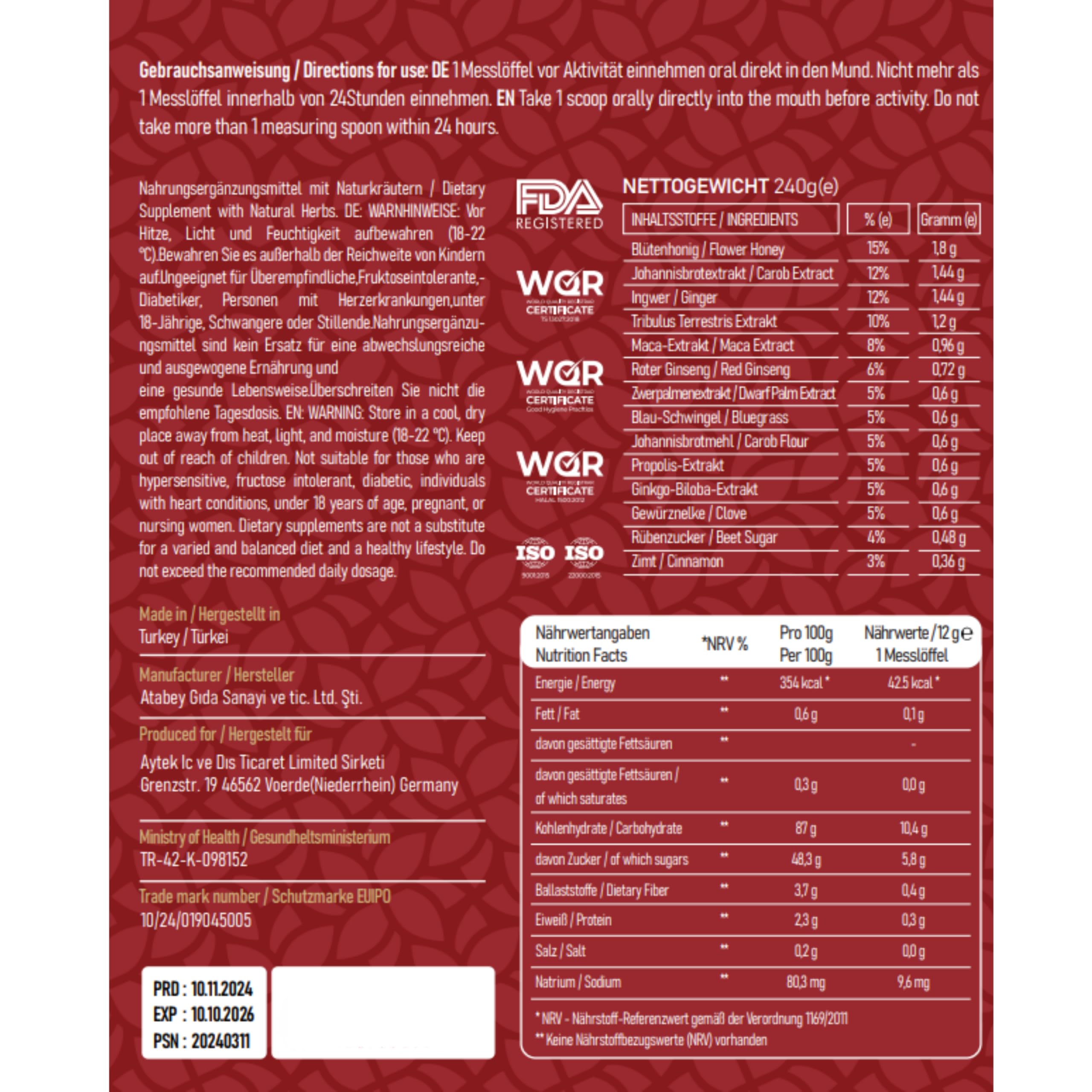 Series69 Maca Ginseng Macun Herbal Gel HOCHDOSIERT, Stärkere Formel für Männer Sofortwirkung 240gr (1 Stück)