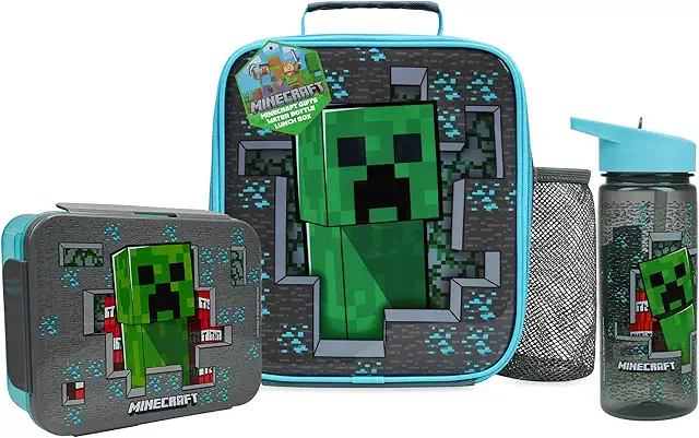 Minecraft Lunch Box Set: 3-Piece Kids Bento, Water Bottle & Bag