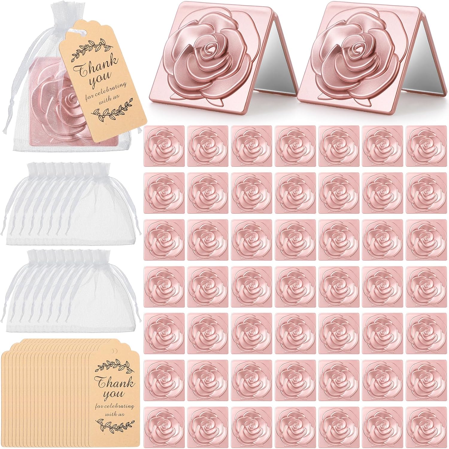 Novabright 50 Sets Rose Compact Mirrors Bulk Quinceanera Sweet 16 Party Favors for Guests Travel Portable Mirror with Thank You Tag Organza Bag for Women Friends Appreciation(Rose Gold)