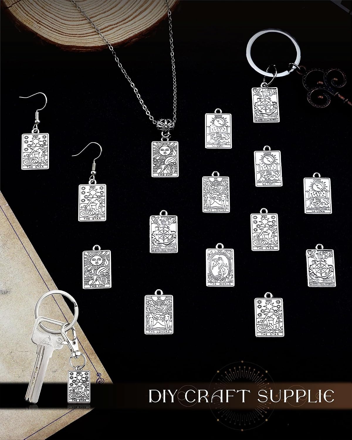60 Pcs 6 Styles Tibetan Tarot Charms, Rectangle Amulet Sun Charms, Vintage Magic Tarot Card Pendants for Bracelet Necklace Jewelry Making and Crafting