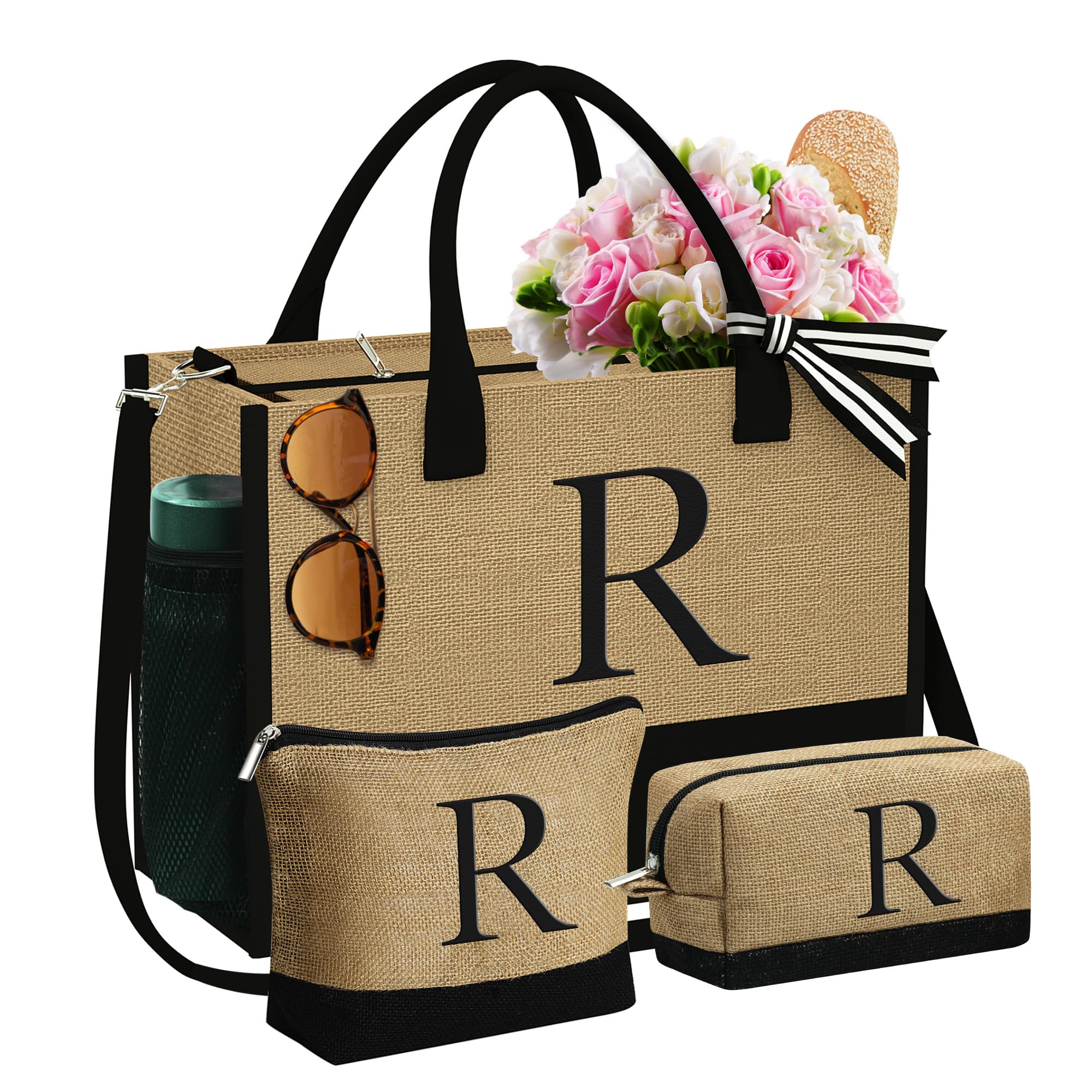 YOOLIFE Valentine Day Gifts for Her - Initial Jute Tote Bag & 2 Makeup Bag, Birthday Gifts for Women Teacher Wife Mom Friend