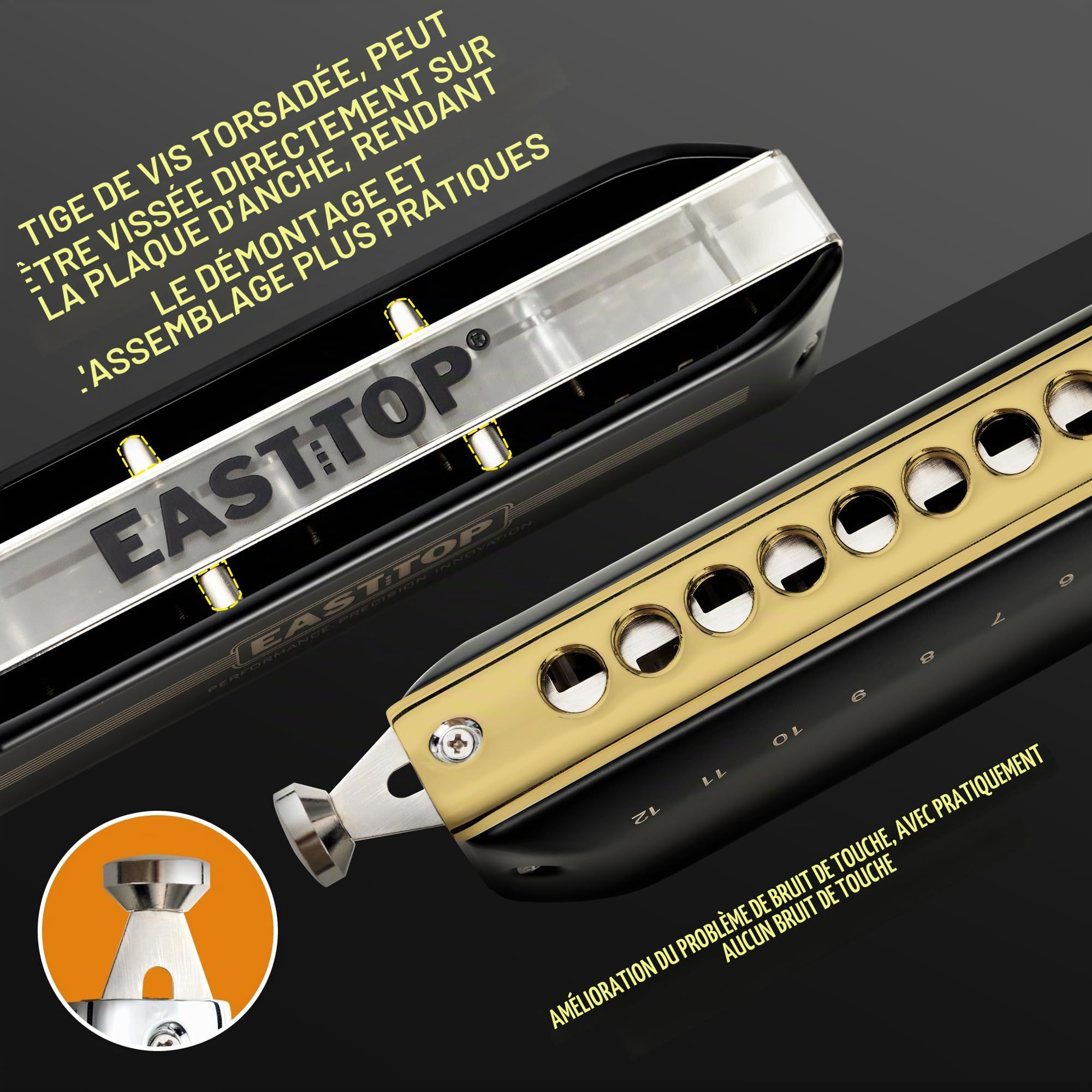 EAST TOP Harmonica chromatique en Do - 12 trous - 48 tons - Orgue professionnel - Pour adultes, professionnels et étudiants - Noir