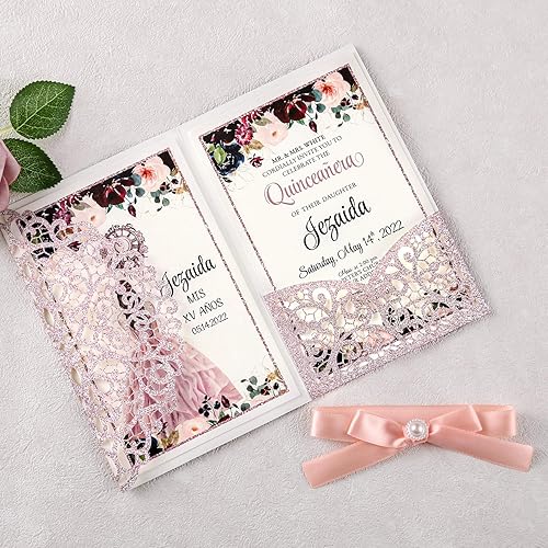 Miniatura 7 de DORIS HOME Kit de invitaciones de quinceañera de oro rosa con purpurina en blanco de 4.7 x 7 pulgadas, tarjetas de invitación de cumpleaños con