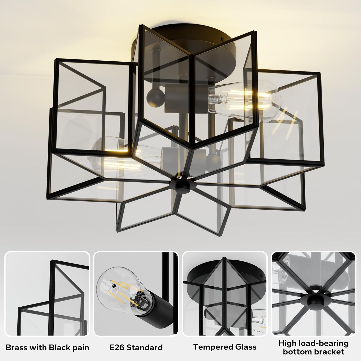 16.3”Star Semi Flush Mount Chandeliers,Brass Star Light Fixture,2-Lights Close to Ceiling Light Fixtures for Bedroom,Dining Room,Kitchen,Office (Black-Octagon)