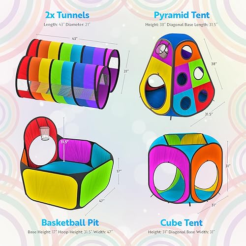 Miniatura 3 de Playz 5 piezas de tiendas de campaña y túneles para niños - Piscina de bolas para niños pequeños, canasta de baloncesto, tubos para gatear, casas de