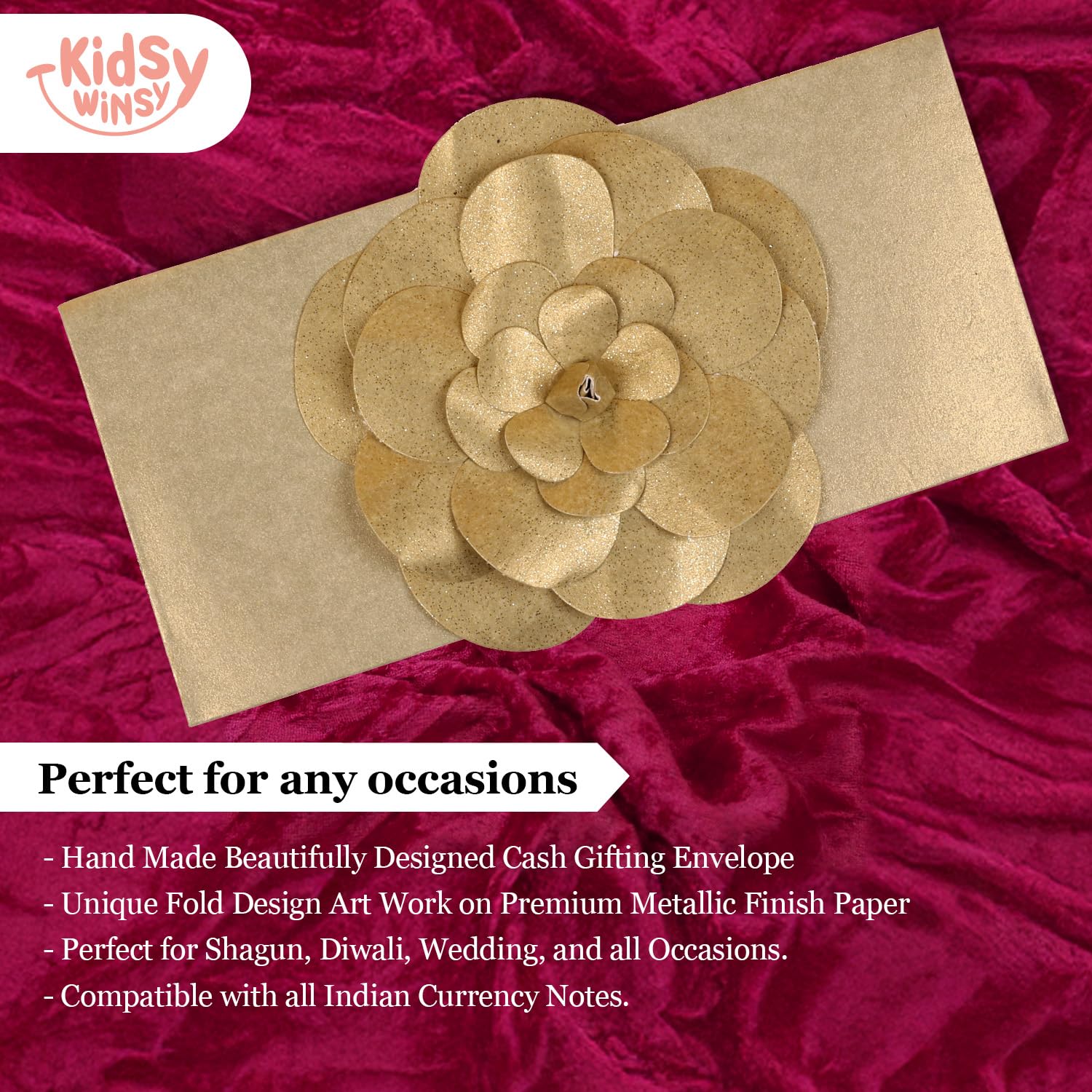 Kidsy Winsy Pack of 4 (3.5 x 7.5 Inches) Gold Flower 3 Fold Shagun Envelopes for Gifting Money | Wedding, Birthday, Sagan Cash Gift Envelopes | Designer Money Envelope for Cash Gifts