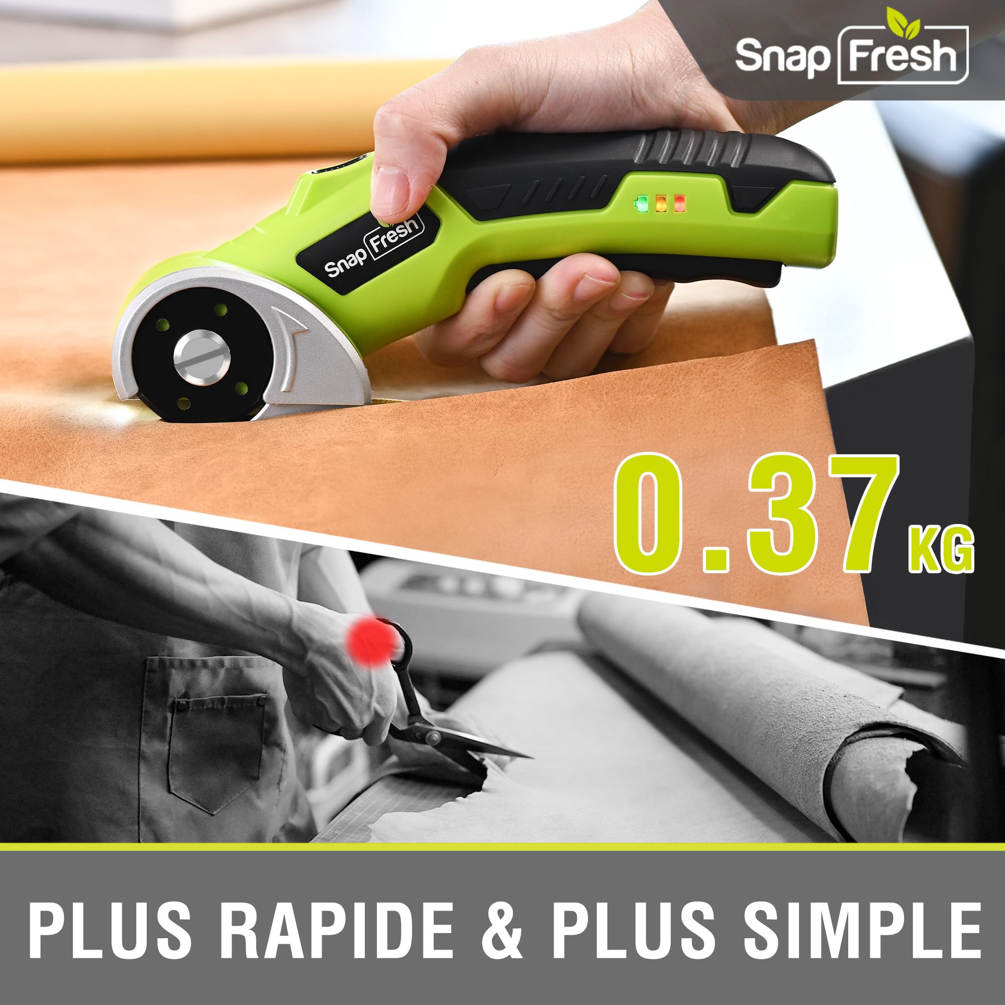 SnapFresh Ciseaux Électriques Sans Fil Cutter Rotatif avec 2 Lames Auto-Affûtantes SKS7, LED & Sac de Rangement – Akku Universel Coupe Carton, Papier, Tapis, Cuir, Feutre, PVC