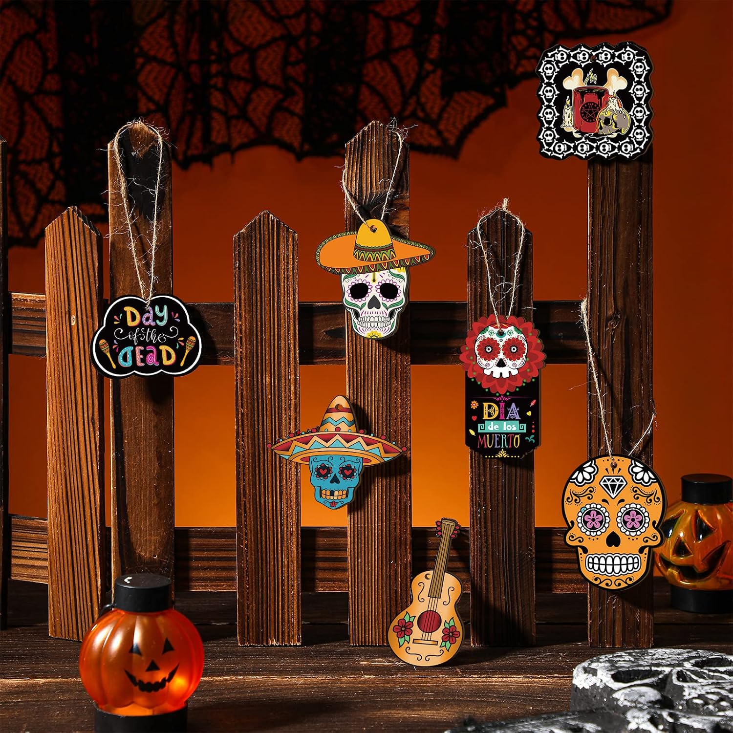 36 Pieces Day of The Dead Sugar Skull Halloween Wooden Ornaments Ghost Hanging Outdoor Skeleton Cats Wood Decorations for Mexican Halloween Party Indoor Patio Lawn Decor(Skull Style)
