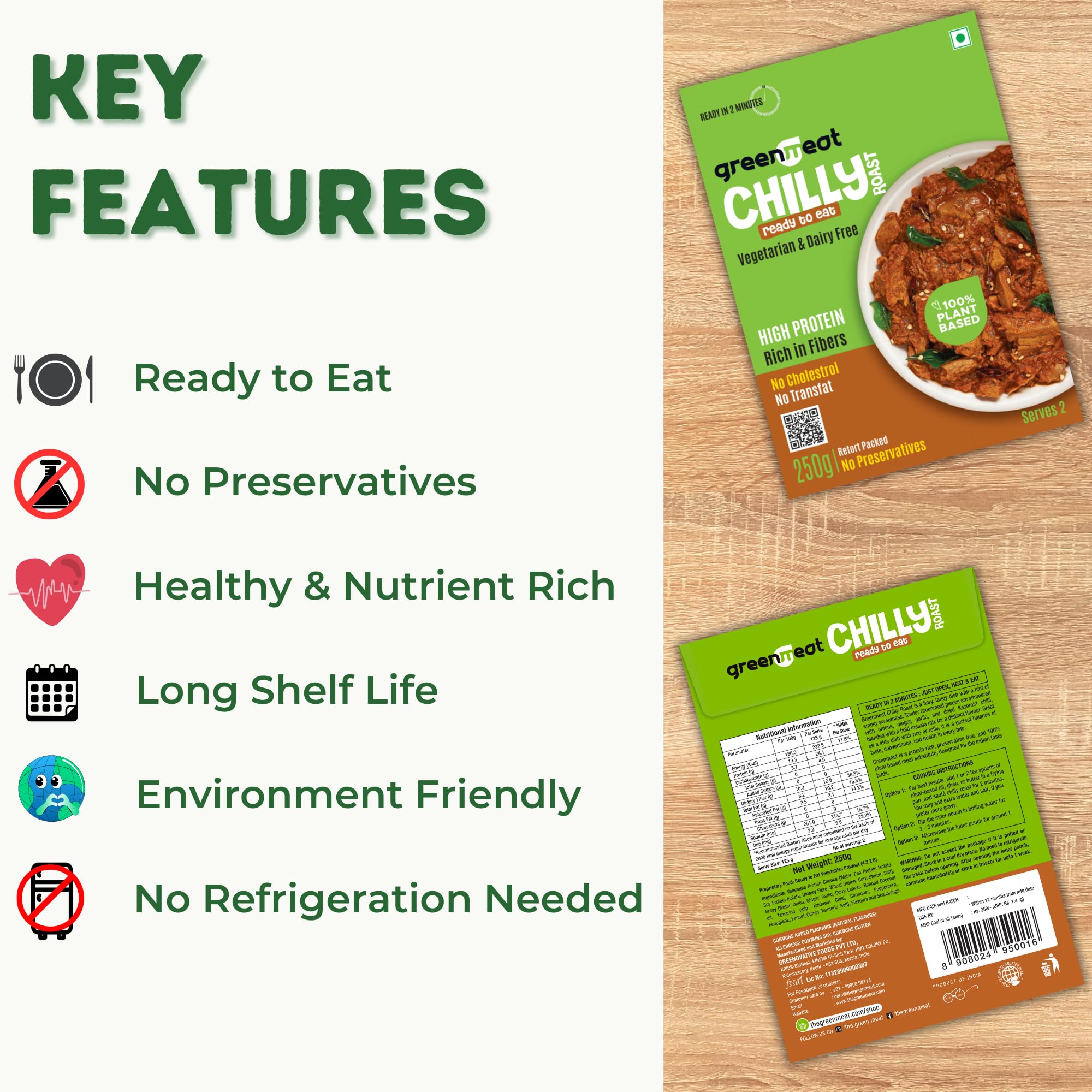 Greenmeat Pepper Roast + Chilly Roast Combo | Ready to Eat Plant Based Protein Dish | 100% Vegetaian | Fibre Rich | Low Fat & Zero Cholesterol | No Preservatives | Pack of 2 (250g + 250g) 3