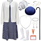 Shinymoon 13 Pcs 100 Days of Old Lady School Costume Set for Women Grandma Granny Cosplay Outfit Set Dress up Accessories