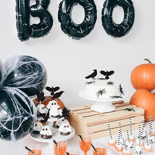 Miniatura 7 de 24 piezas de decoración de cuervo negro para cupcakes con purpurina de cuervo de Halloween para cuervo de terror temática de Halloween, fiesta de