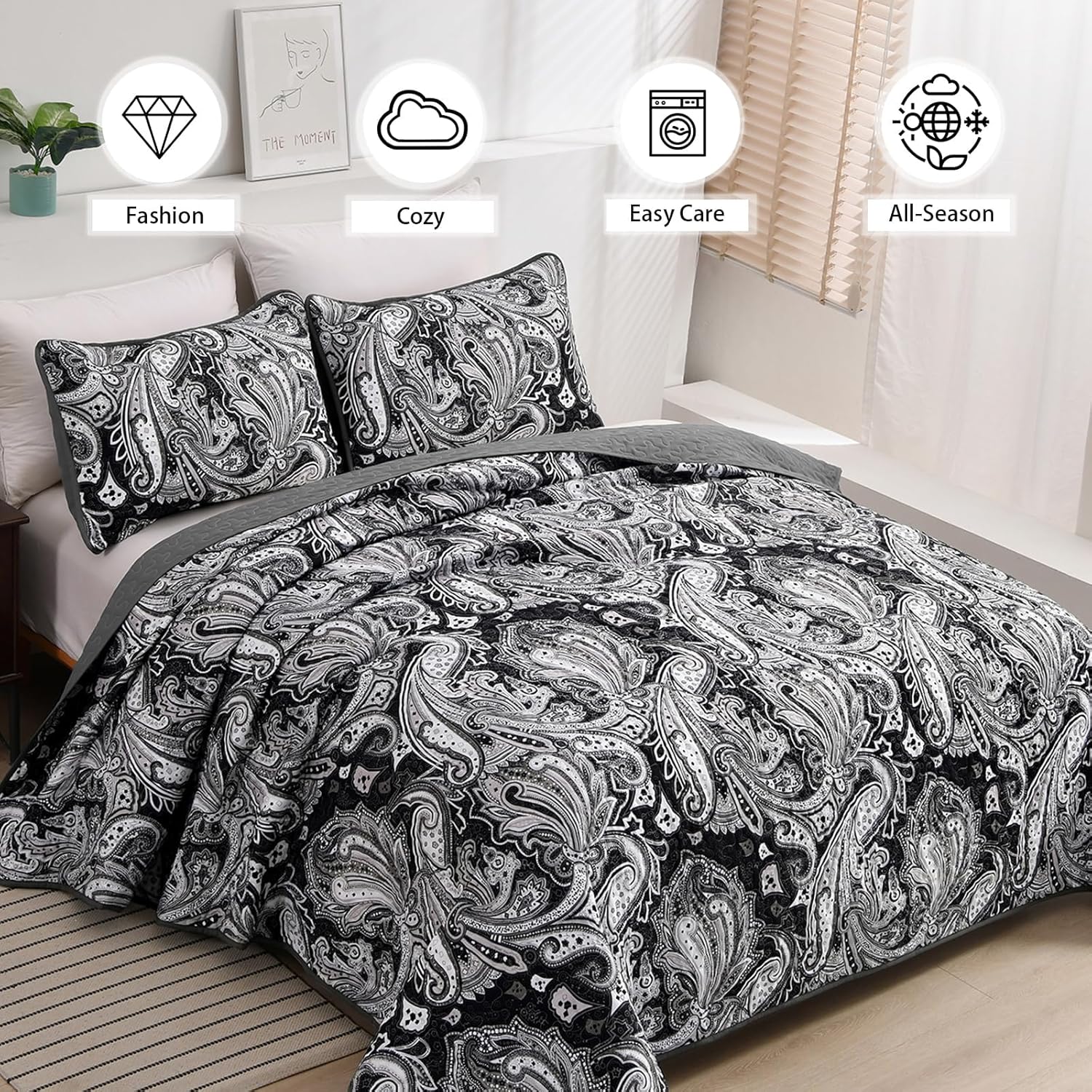DJY Black Paisley Quilt Set King Size Boho Bedspread Coverlet Set 3 Pieces, Soft Lightweight Black and Gray Paisley Floral Pattern Bedding for All Season, 110''x90'' - Image 3