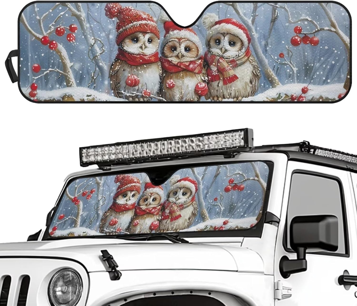 Tuoxiukan Christmas Owl Automotive Sunvisor Compatible with Jeep Wrangler 4xe 2021-2025 Easy Install Car Windshield Sunshade Protector Foldable Car Interior Accessories for Sun Heat