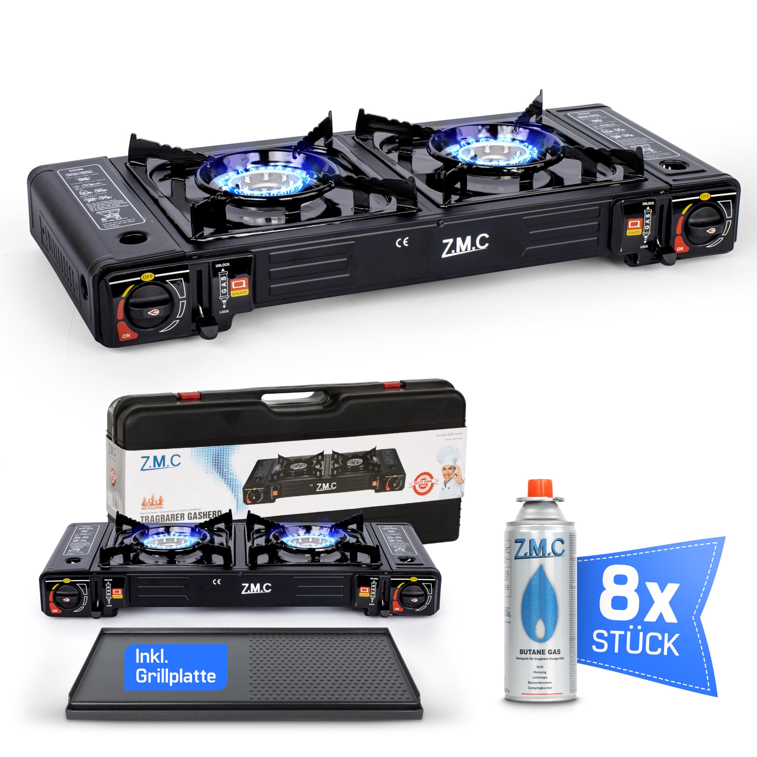 Z.M.C ZMC - Fornello a gas da campeggio, a 2 luci, con adattatore per connettore LPG + piastra 45 x 24 cm + 8 cartucce di gas da 227 g, fornello da campeggio con accensione piezoelettrica