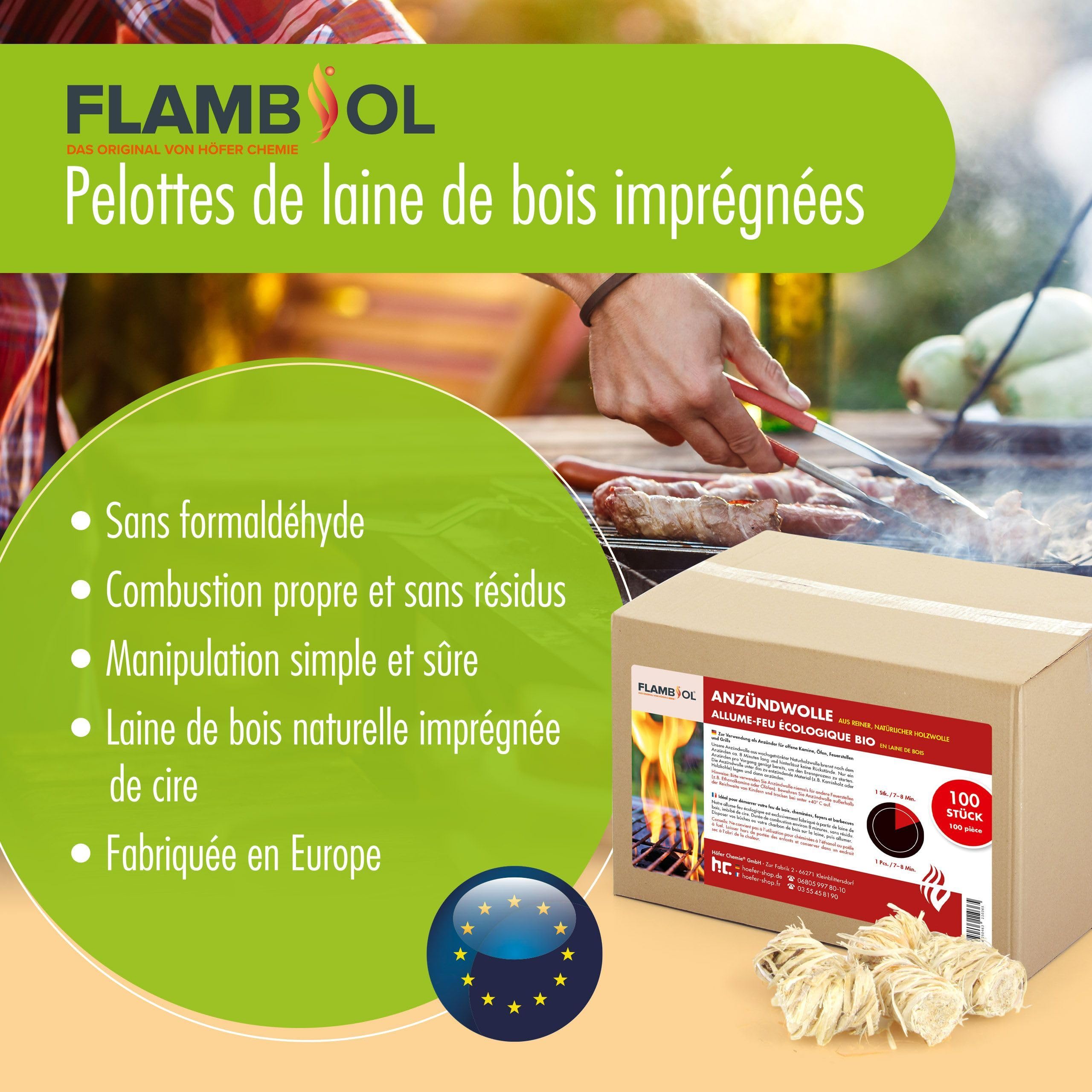 FLAMBIOL® Allume-feu Naturel pour Cheminée, Poêle et Barbecue – 100 Pièces Imprégnées de Cire, Combustion Immédiate, Écologique et Sûre, sans Résidus