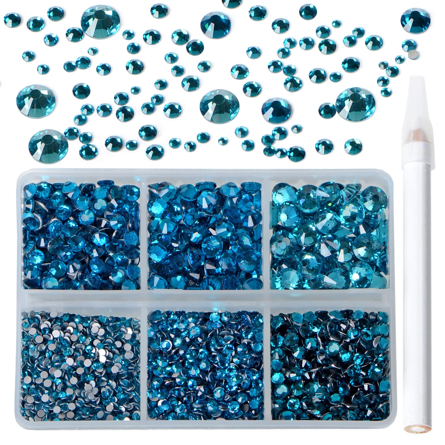 Bymitel 5000 Pieces 6 Mixed Sizes Glue Fix on Glass Rhinestones Round Crystal Gems Flatback for DIY Jewelry Making with one Picking Pen (6-Sizes 5000PCS, Blue Zircon)