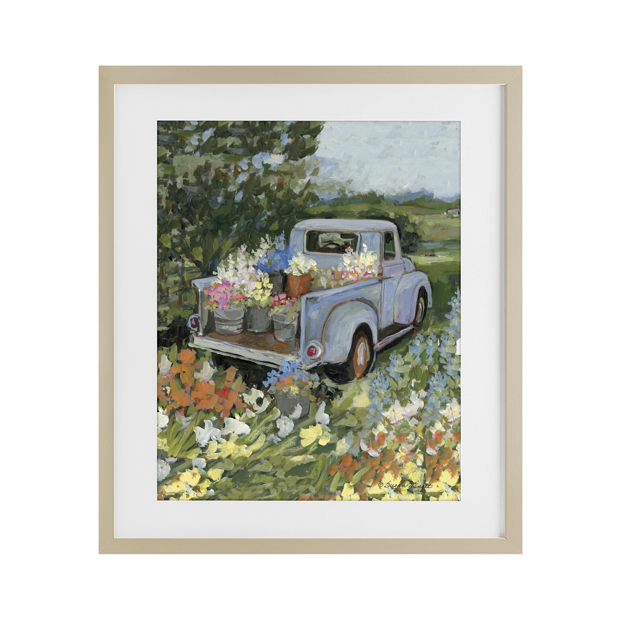 Stupell Industries Harvest Pine (Textured) 'Truckin' Field With Flowers', Framed Print Under Glass, Brown, 13 X 16 Inches, Easy To Hang And Sturdy, Made In Usa, By Susan Winget