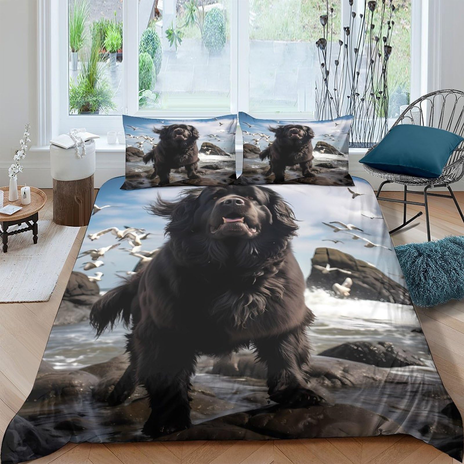 GPLZQXKJNH 3D Printed Black Newfoundland Dog Duvet Cover Microfiber Soft Breathable Beach Scene Bedding Set with 2 Pillowcases for Bedroom Decor, Single（135x200cm）