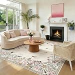 4x6 Area Rug Pink Pastel, Floral Rugs for Living Room, Lightweight Non Slip Washable Rug, Indoor Low Pile Boho Design Rugs for Bedroom Living Room Dining Room Pink Pastel