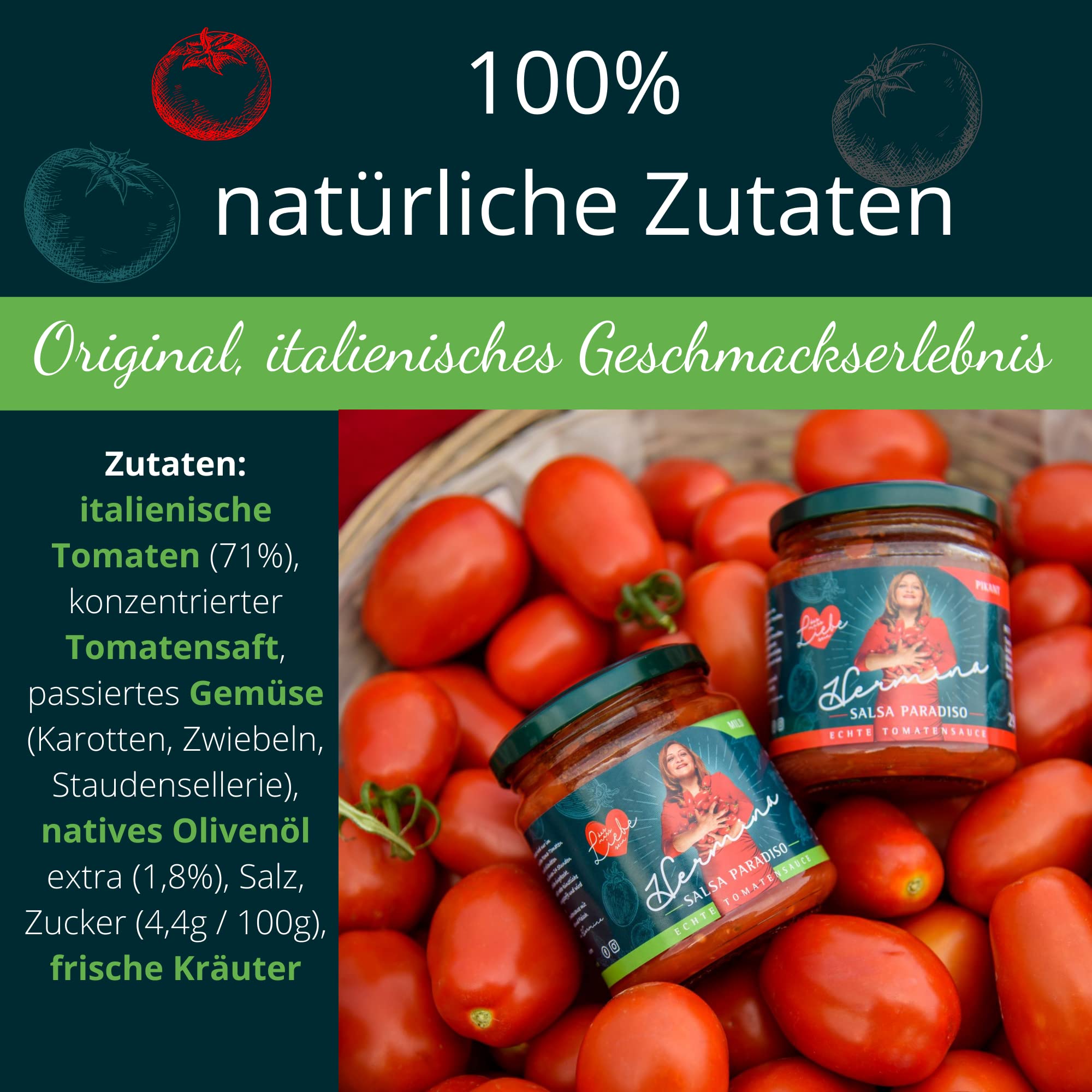 Hermina Salsa Paradiso I FEINKOST PASTASAUCE (Mild) I 6 x 290 g I 100% Natürlich I Tomatensauce direkt aus Italien