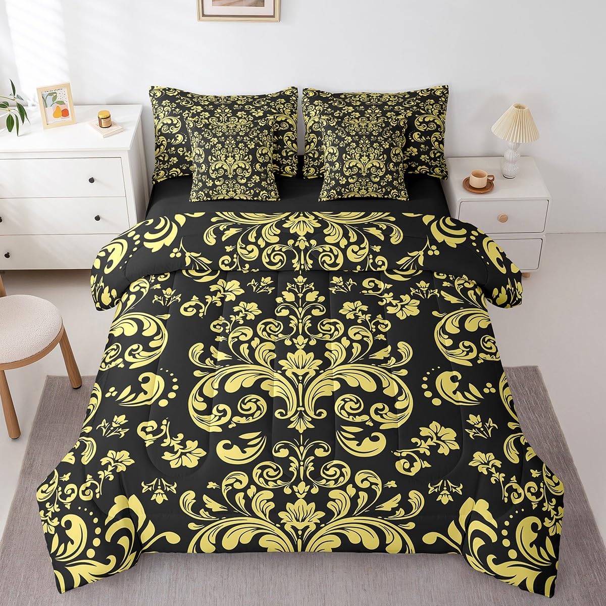 Erosebridal Black Gothic Bedding Set 7 Piece Gold Damask Floral Full Comforter Set with Sheets Bohemian Exotic Goth Flower Bed in A Bag for Kids Adults Vintage Victorian Baroque Boho Bed Set