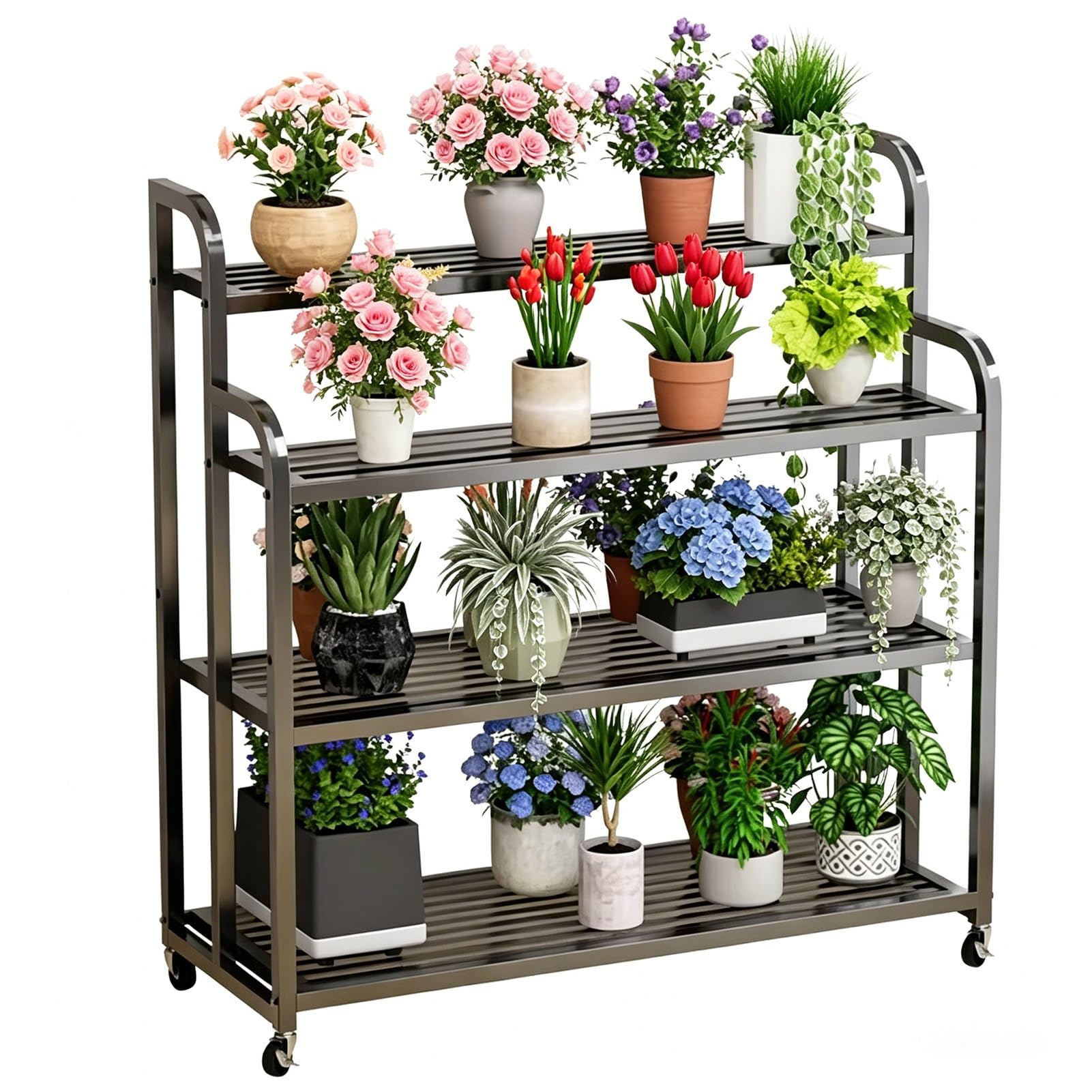 DMCHENGMA 4 Tier Flower Display Stand with Wheels, Black Metal Modern Mobile Plant Shelf, Indoor Outdoor Flower Decor Stands(100x40x120cm)