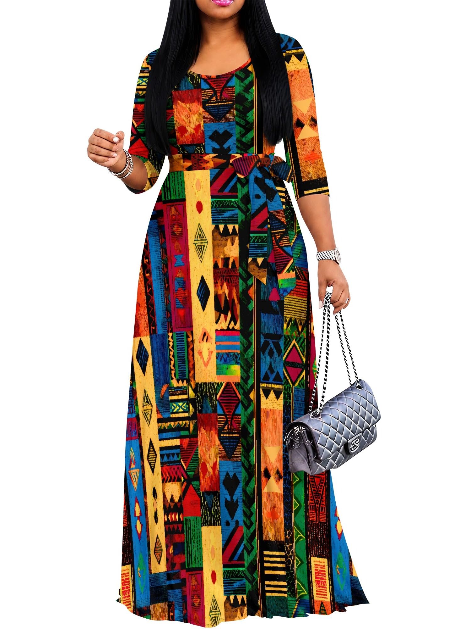 PinkPatty Women's Plus Size V Neck 3/4 Sleeve Boho Maxi Dress with Pockets | Boho printed maxi dress with pockets and tie waist for travel, vacations, weddings, church, parties, and daily wear