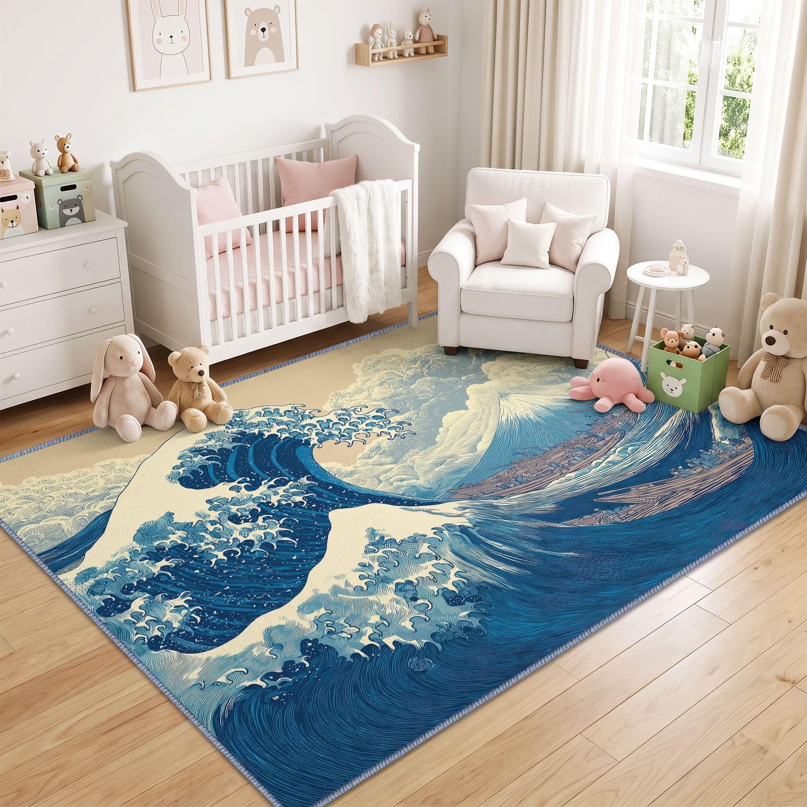 Alfombra japonesa Ukiyo-e lavable para salón, 180 x 240 cm, con ondas grandes de escarcha, suave, antideslizante, de pelo corto, alfombra grande para dormitorio, cama, comedor, oficina