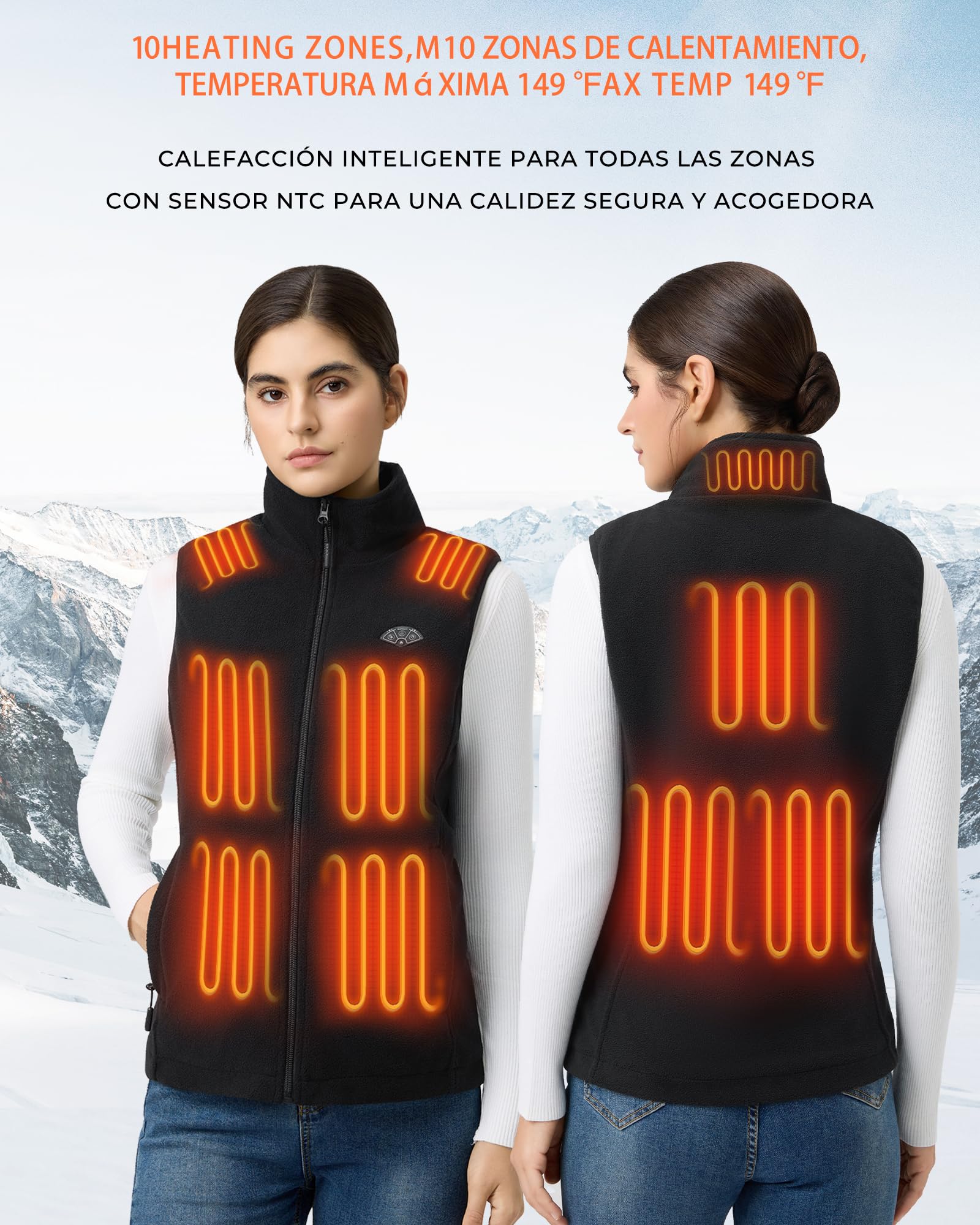 Topdot Polar Chaleco Calefactable Mujer, Chaleco Térmico con Batería de 7.4V 16000mAh,10 Zonas de Calentamiento con 3 Temperaturas,Forro Lana Chaleco Calefactable Ligero para exteriores