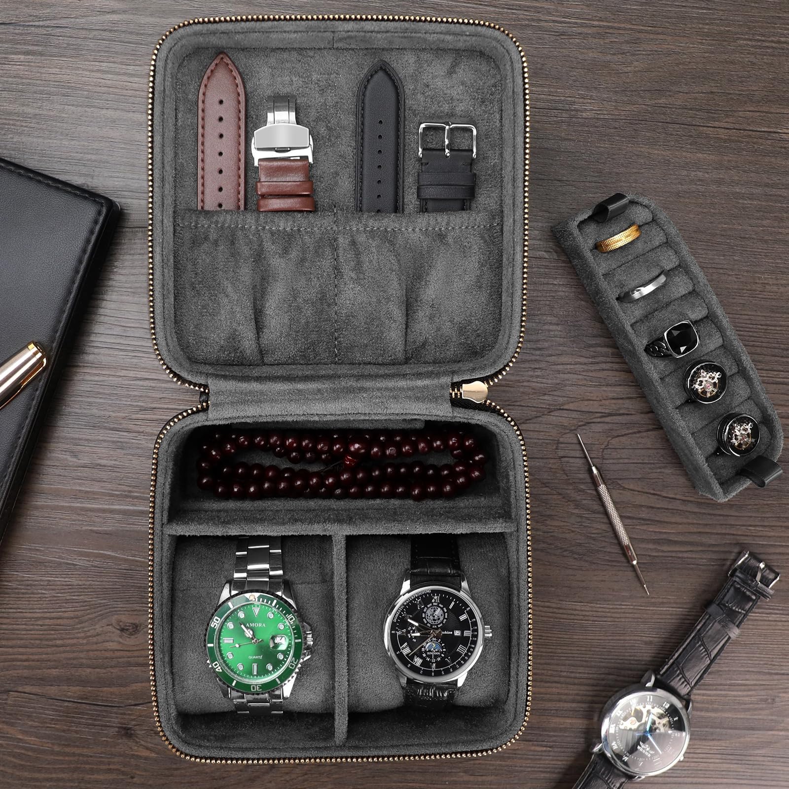 Étui de Voyage pour 2 Montres avec Compartiment pour Accessoires