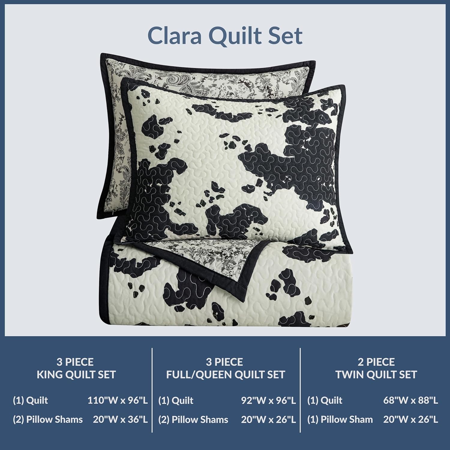 Indigo Hill by HiEnd Accents Clara Full Queen Quilt Set, 3 Piece Western Bedding Set with Pillow Shams, Black Cow Print Reversible Quilt, Soft Farmhouse Bedding, Lightweight Quilt Southwestern Bedding - Image 8