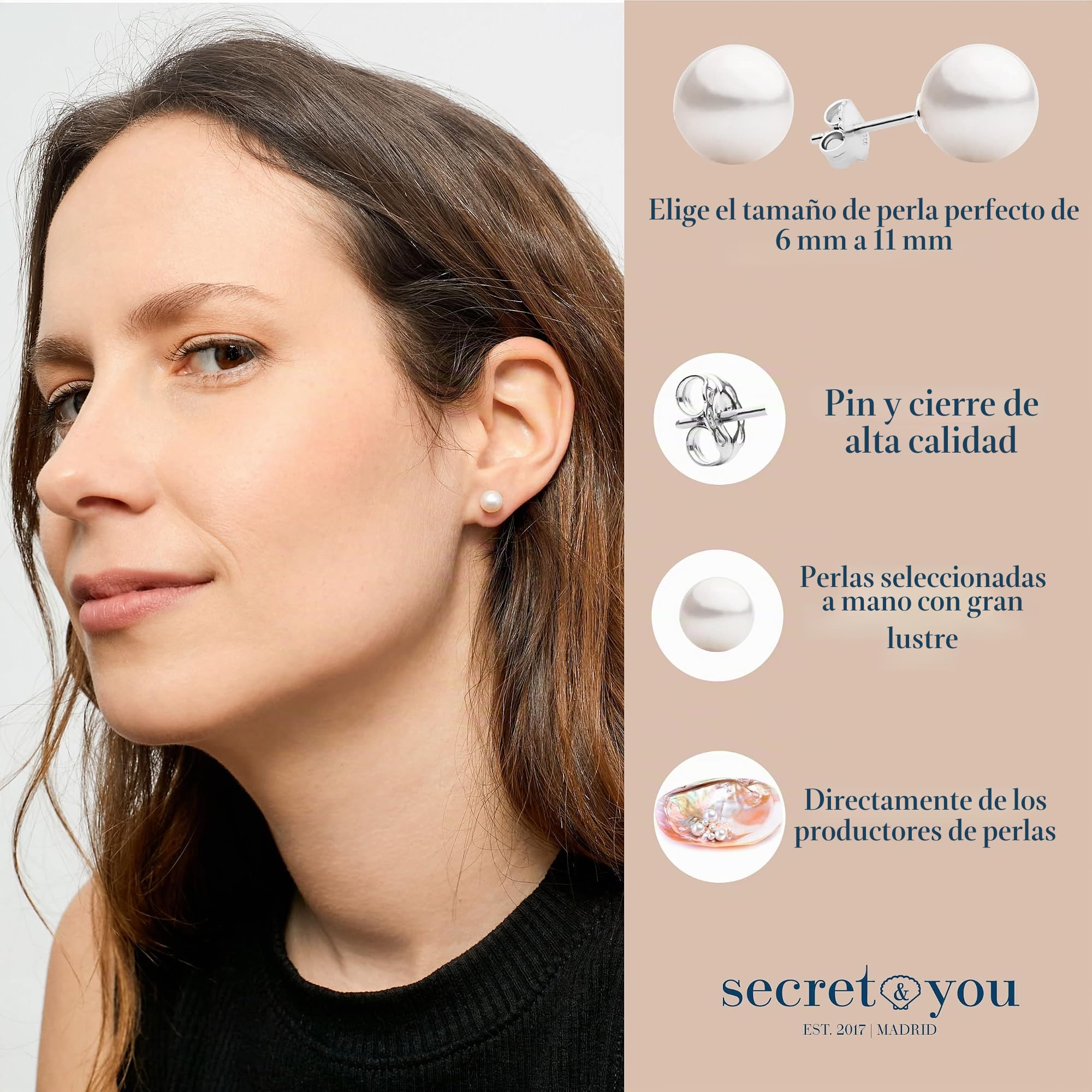 SECRET & YOU Pendientes Mujer Perlas Cultivadas Agua Dulce Semi Redondas| Tuerca y Pasador Grandes Plata de Ley 925