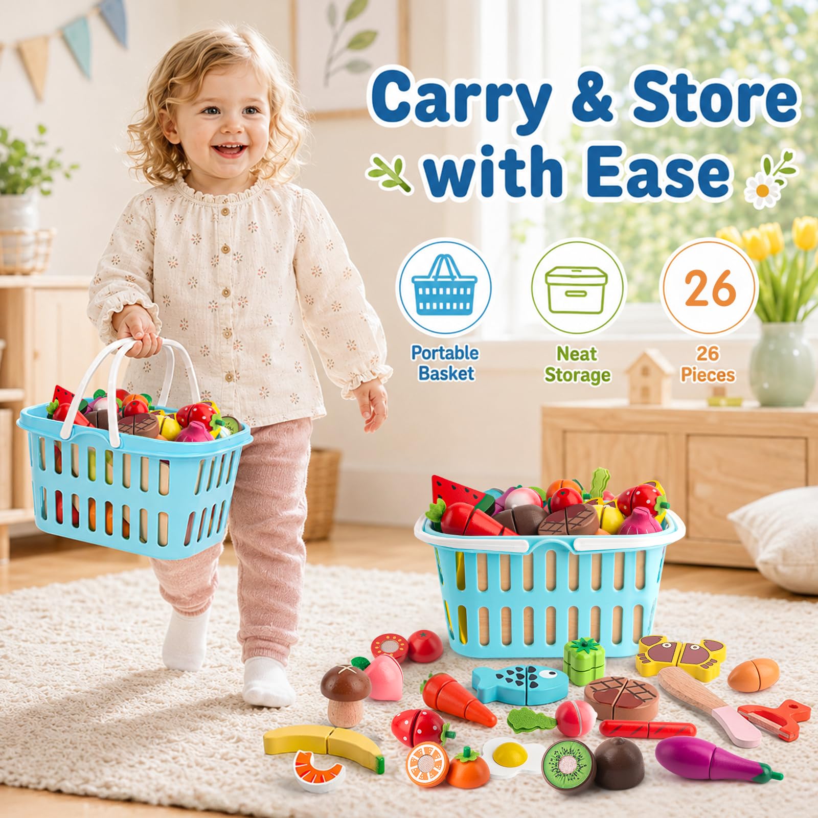 BunnyJOY Dinette Bois Accessoires Cuisine Enfant 2 3 Ans, Fruits et Légumes en Bois à Découper  26 Pièces, Jeu Éducatifs D’Imitation, Jouets Montessori 3 4 5 Ans, Cadeau Filles Garçons