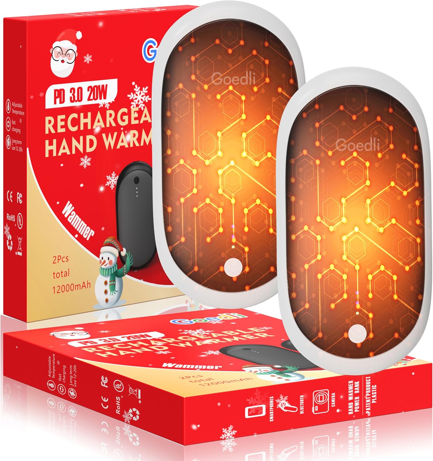 AI Hand Warmers Rechargeable 2 Pack, 12000mAh Electric Hand Warmers, AI Smart Chips 20Hrs Long Safe Heat, PD 3.0 20W, Portable Pocket Heater Gifts for Christmas, Outdoor