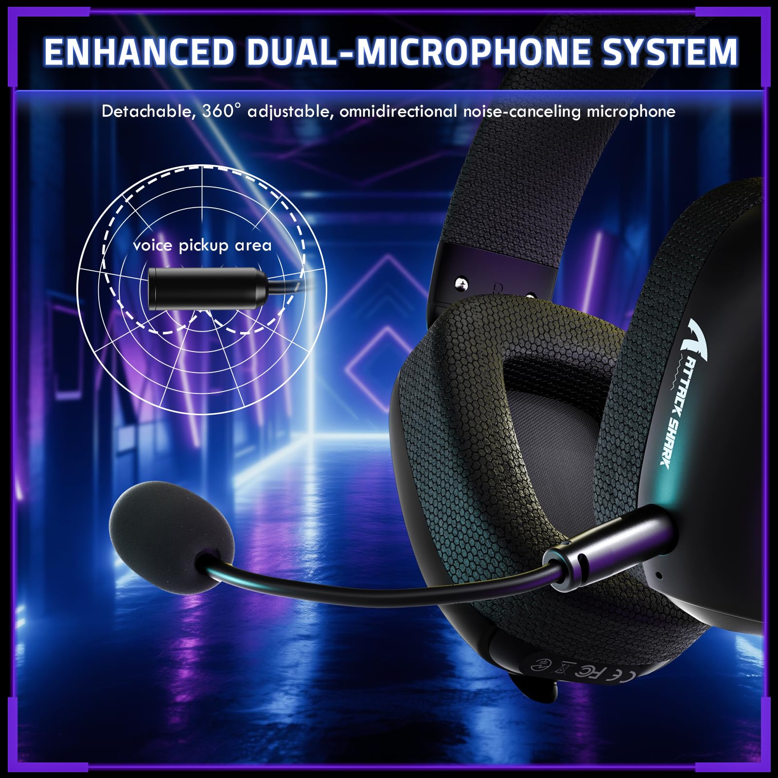 ATTACK SHARK L80PRO Casque Gaming sans Fil, Double Microphone Réglable, Son Surround 3D, Léger avec 20ms Latence Ultra-Faible, Drivers 40mm, 3 Modes (2.4G/Bluetooth/Filaire) pour PC/Phone -Noir