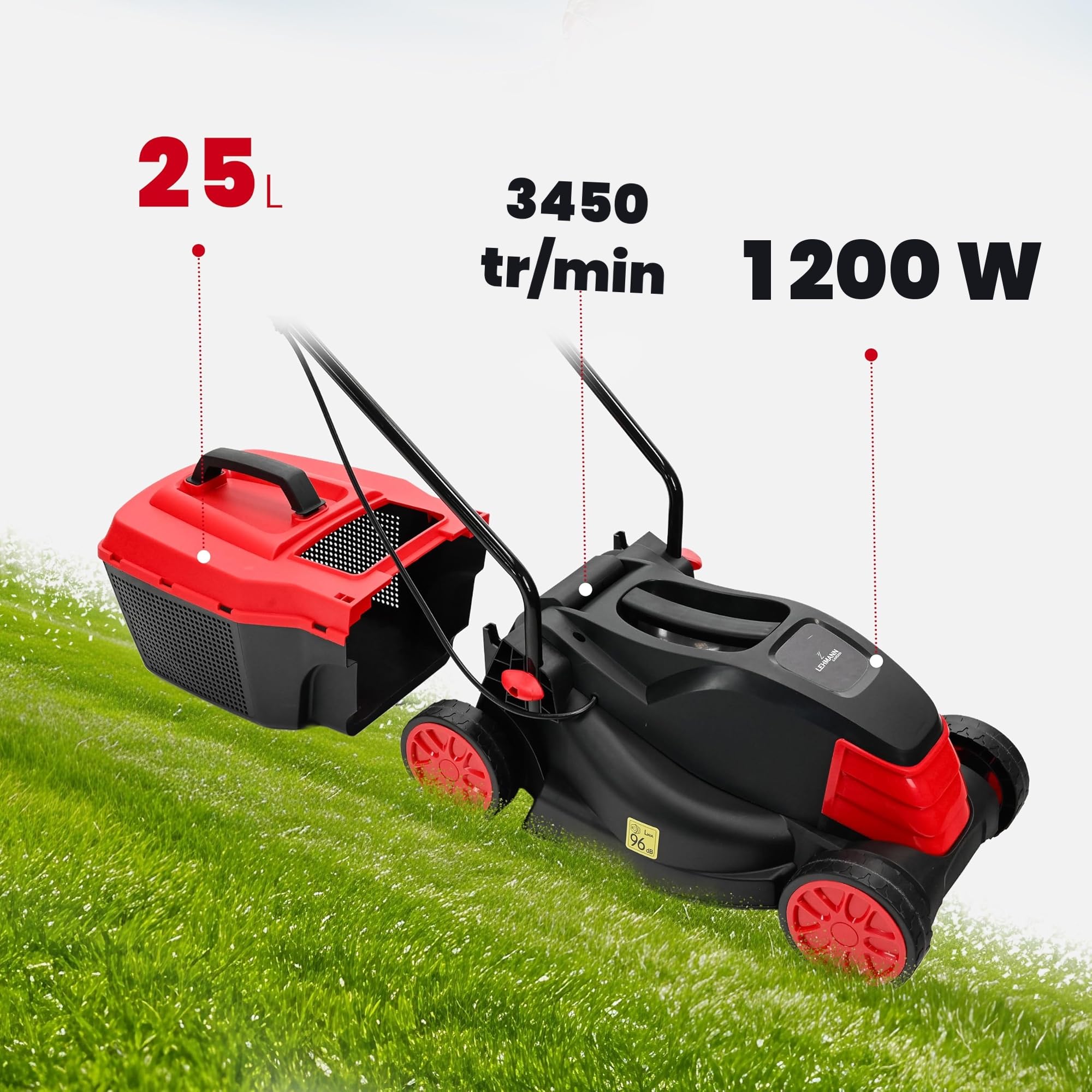 Lehmann Tondeuse à Gazon Électrique, 1200 W, Largeur de Coupe 32 cm, Bac de Ramassage 25 L, Réglage Hauteur de Coupe 3 Positions 25 à 65 mm, Jusqu’à 500 m², 3450 TR/Min